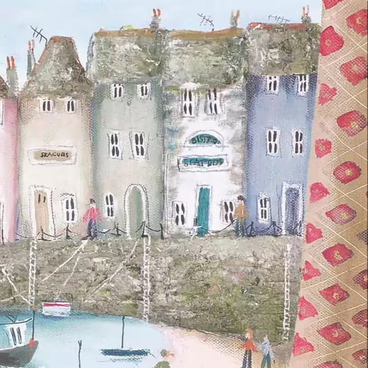 A Rebecca Lardner limited edition of a seaside town with boats, cows and people and a cat sat on a table looking down, the title is Table Manners