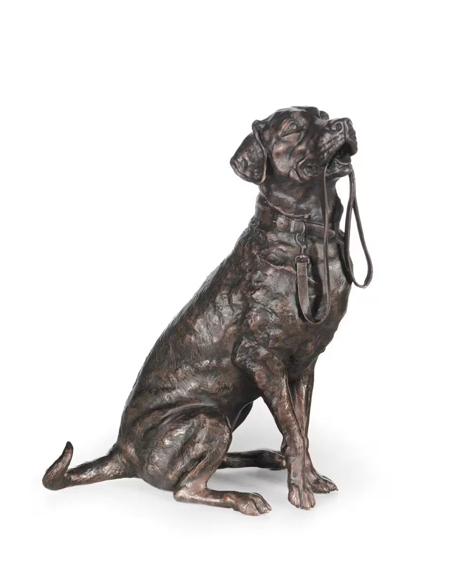 Bronze statue of a dog on a white background, Taking the Lead by Dean Kendrick