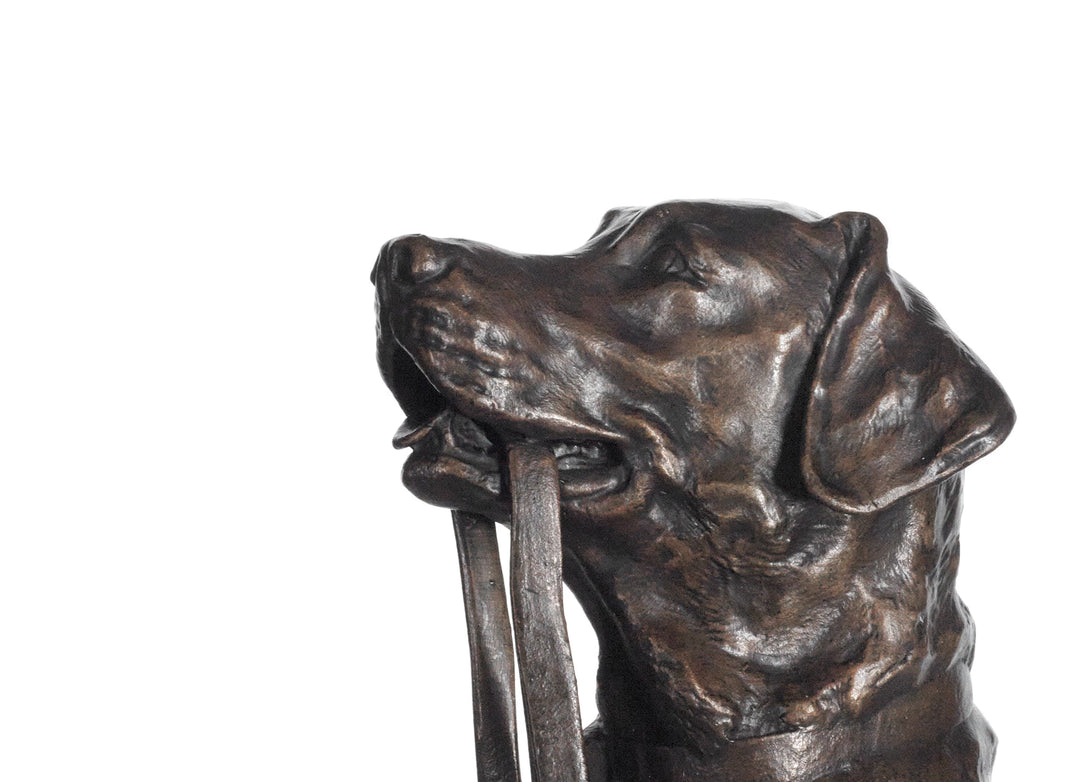 Bronze statue of a dog with a stick on a white background, Taking the Lead by Dean Kendrick