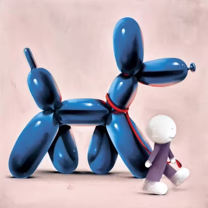 A Doug Hyde limited edition print of a person in purple walking a giant blue balloon dog on a red lead, the title is Talk of the Town