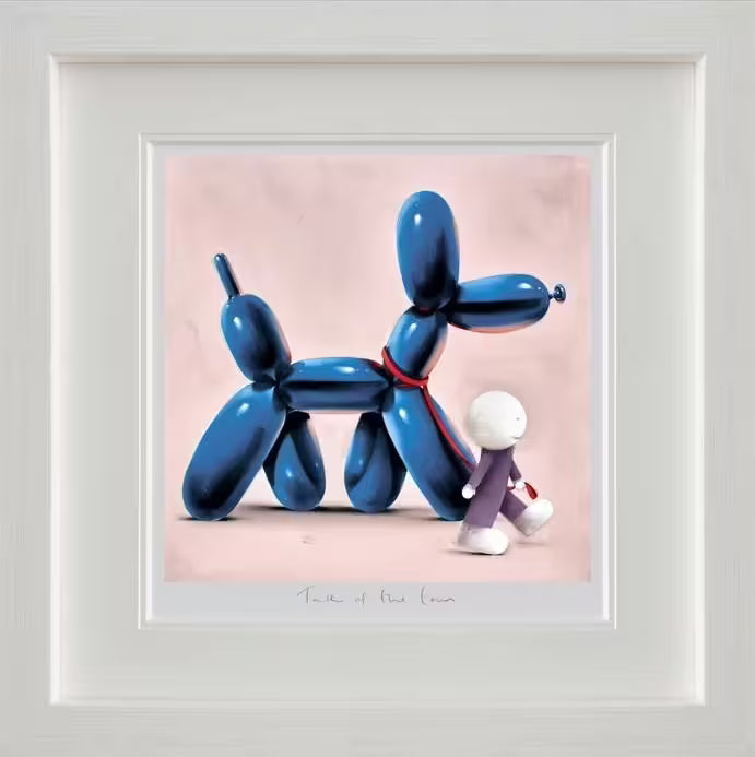 A Doug Hyde framed limited edition print of a person in purple walking a giant blue balloon dog on a red lead, the title is Talk of the Town