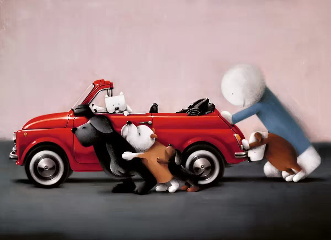 A Doug Hyde limited edition of a person in blue pushing a red car with four dogs helping and one more dog in the drivers seat, the title is Teamwork