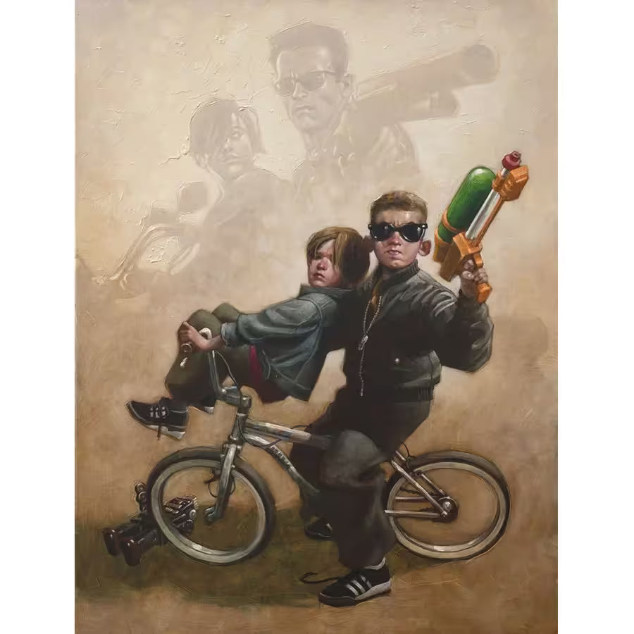 A Craig Davison limited edition of two boys on a bike one holding a water gun with terminator behind them, the title is Terminator Too