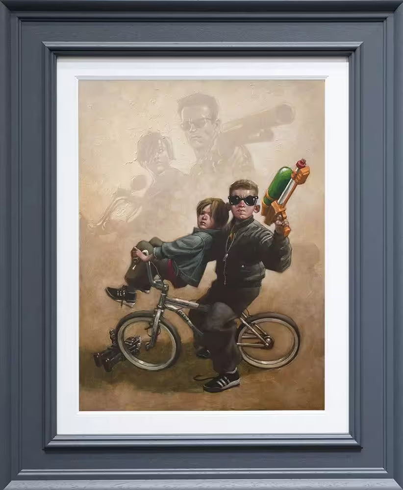 A Craig Davison limited edition of two boys on a bike one holding a water gun with terminator behind them, the title is Terminator Too