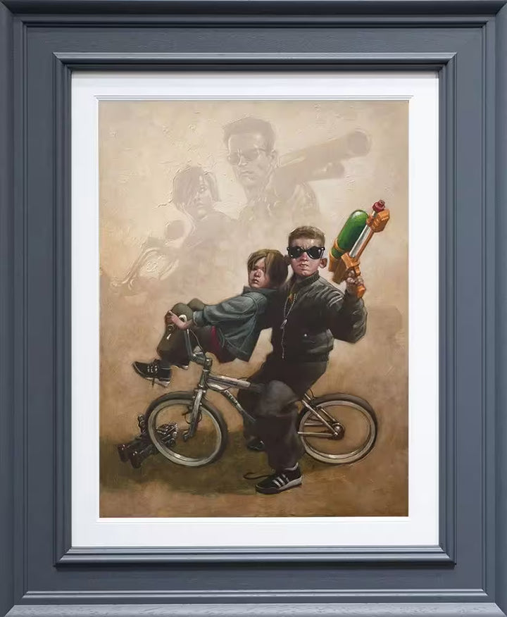 A Craig Davison limited edition of two boys on a bike one holding a water gun with terminator behind them, the title is Terminator Too