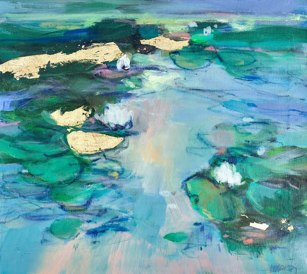 A Magdalena Morey original of green and gold lilypads, the title is The Calm Within