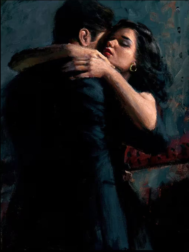 A Fabian Perez limited edition of a couple in and embrace, the title is The Embrace