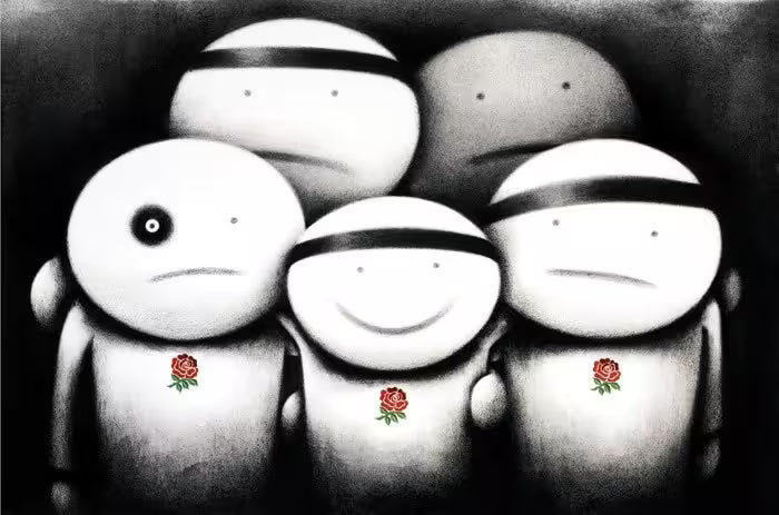 A Doug Hyde limited edition of four sad rugby players, one with a black eye, and one happy player in the centre, the title is The Engine Room