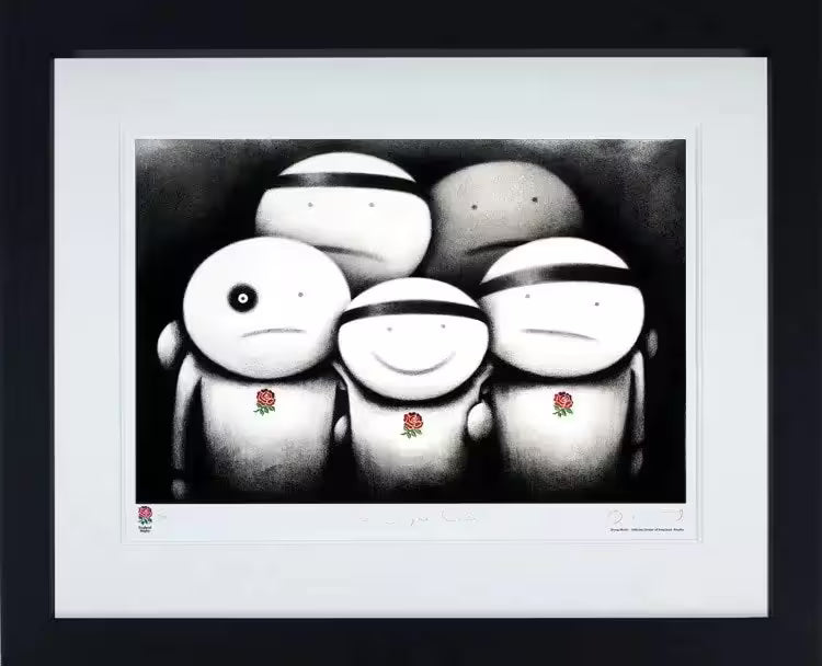 A Doug Hyde framed limited edition of four sad rugby players, one with a black eye, and one happy player in the centre, the title is The Engine Room