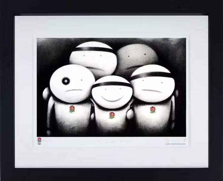 A Doug Hyde framed limited edition of four sad rugby players, one with a black eye, and one happy player in the centre, the title is The Engine Room
