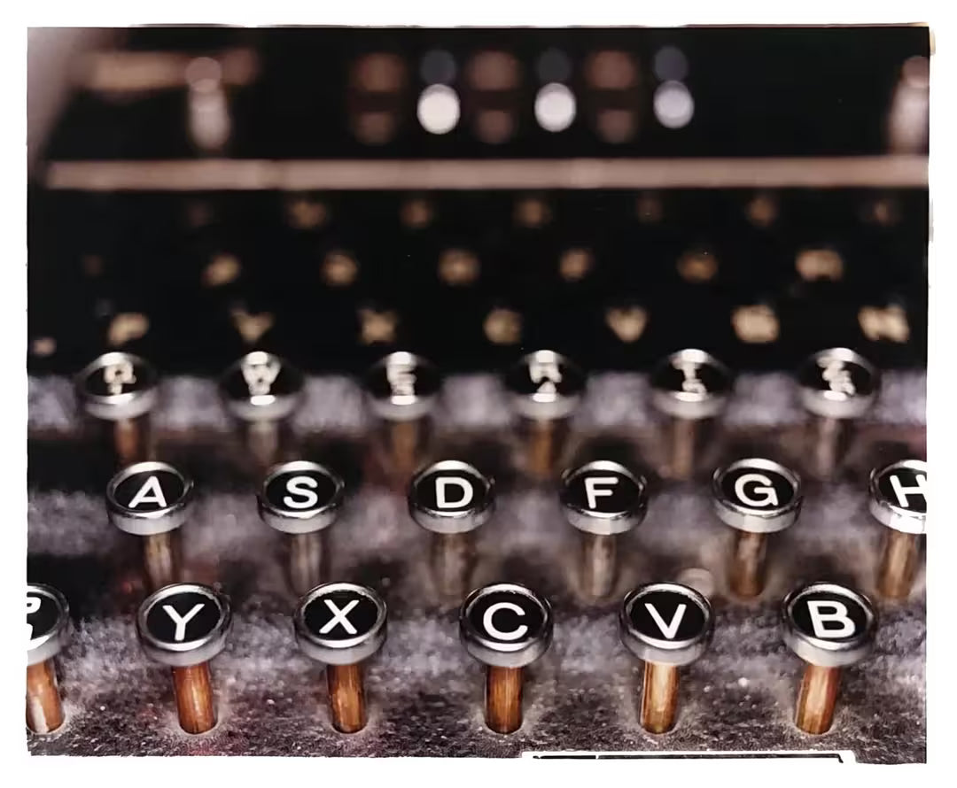 A limited edition photograph by Richard Heeps using vibrant colours, the title is The Enigma Machine, Bletchley Park, 2003 (Film Rebate)