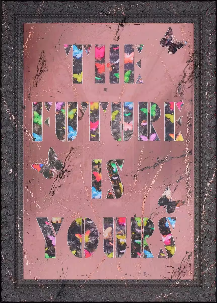 A Maxim limited edition of a reflective base with butterflies and writing over the top, the title is The Future Is Yours