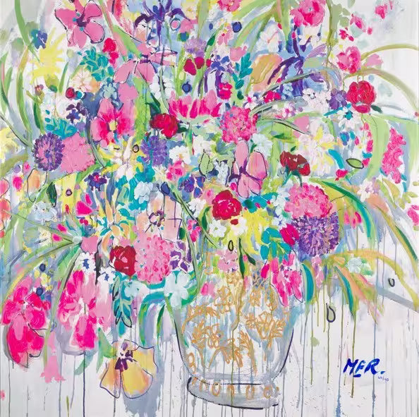 A Michael F. Rumsby limited edition of a vase with colourful flowers dripping out, the title is The Joy of Giving