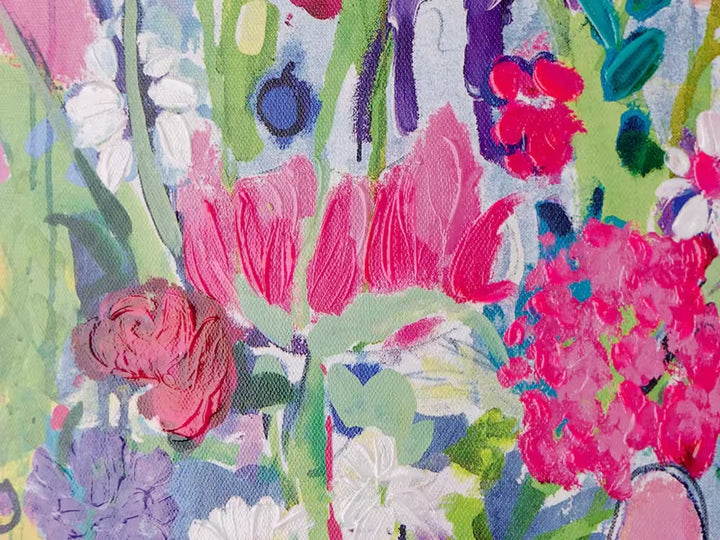 A Michael F. Rumsby limited edition of a vase with colourful flowers dripping out, the title is The Joy of Giving