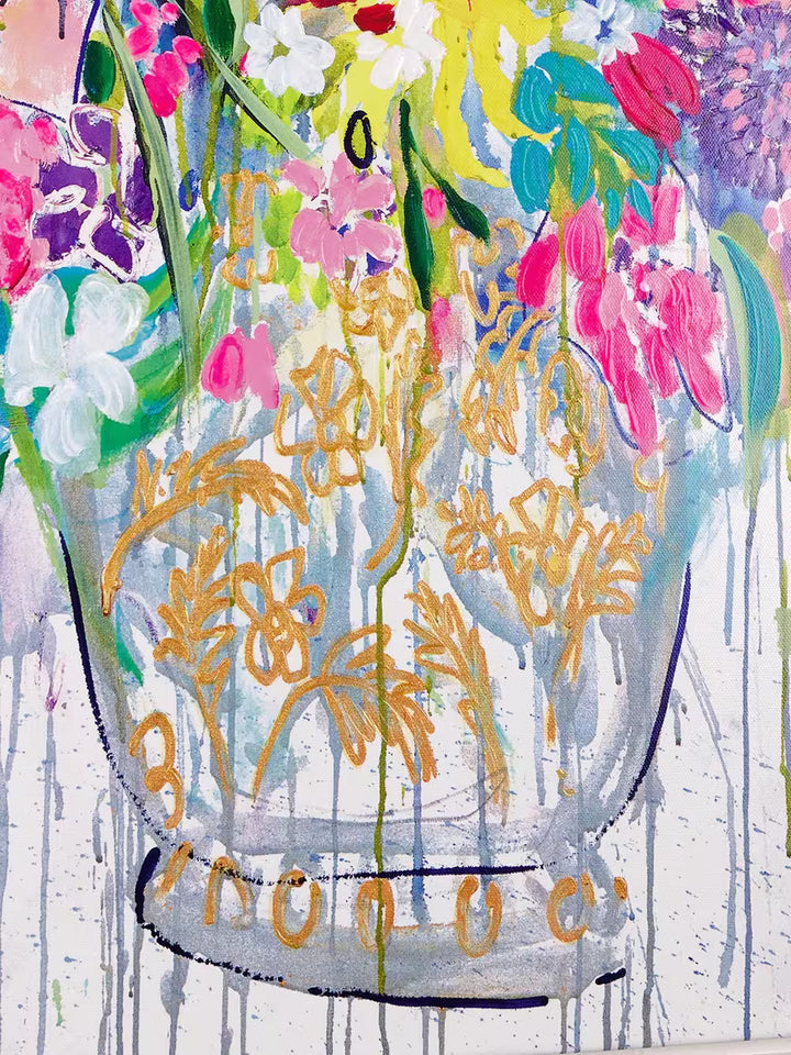 A Michael F. Rumsby limited edition of a vase with colourful flowers dripping out, the title is The Joy of Giving