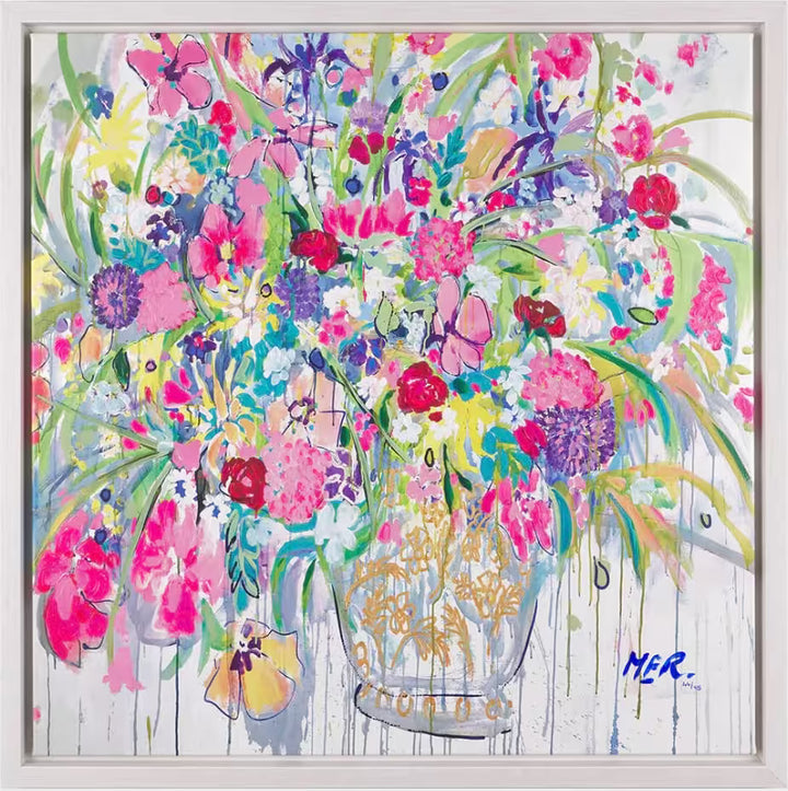 A Michael F. Rumsby framed limited edition of a vase with colourful flowers dripping out, the title is The Joy of Giving