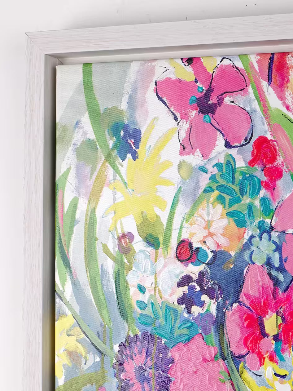 A Michael F. Rumsby limited edition of a vase with colourful flowers dripping out, the title is The Joy of Giving