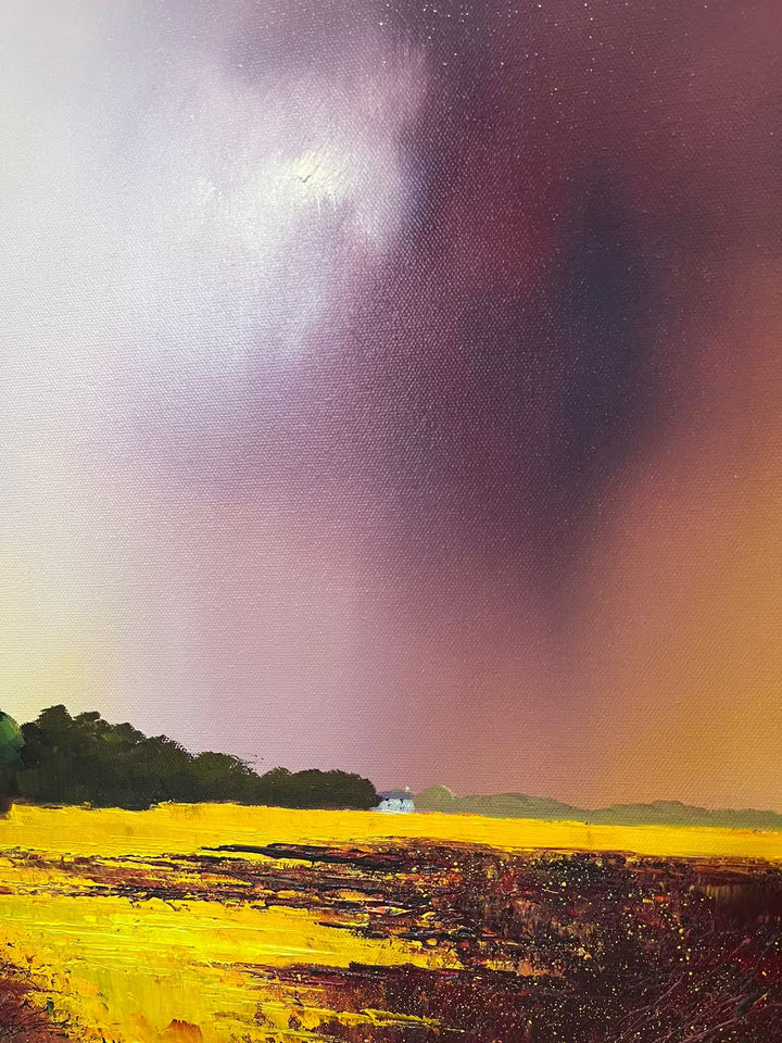 A Barry Hilton original of a yellow field and purple stormy sky, the title is The Keeper of Silence