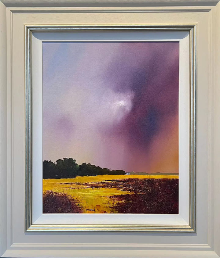 A Barry Hilton original of a yellow field and purple stormy sky, the title is The Keeper of Silence