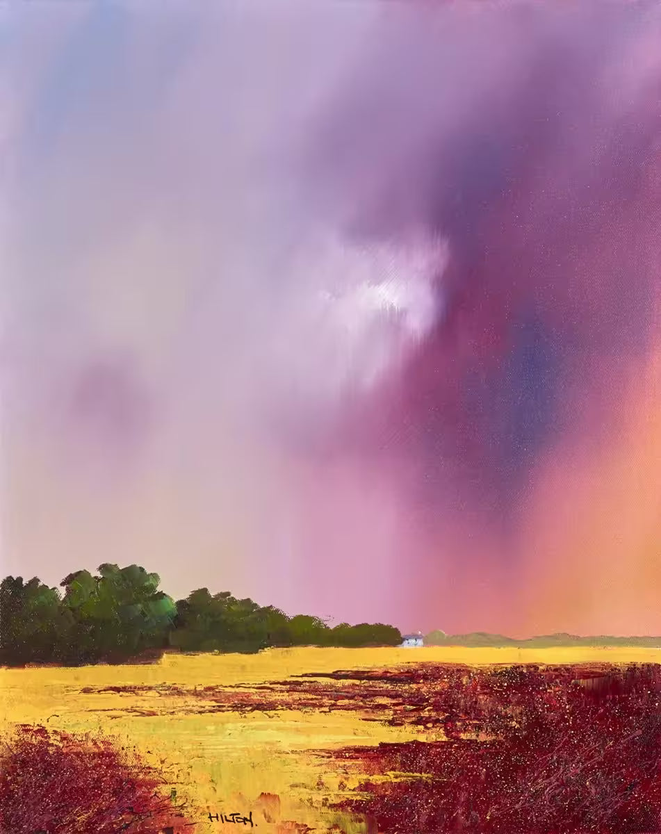 A Barry Hilton original of a yellow field and purple stormy sky, the title is The Keeper of Silence