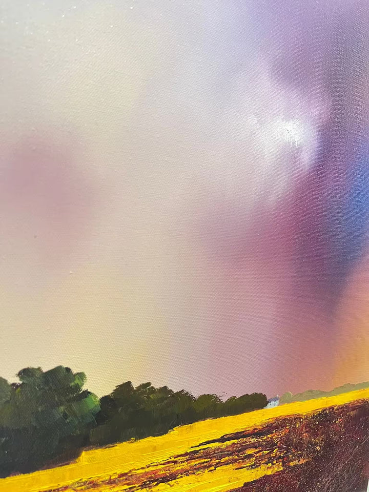 A Barry Hilton original of a yellow field and purple stormy sky, the title is The Keeper of Silence