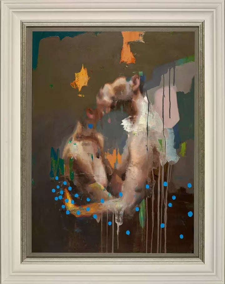 A framed limited edition piece by Christian Hook of two people kissing and holding each other, the title is The Kiss