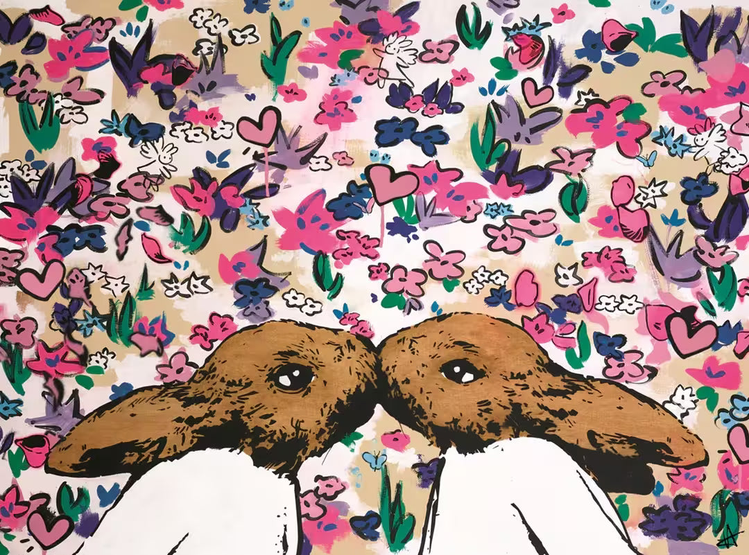 A Harry Bunce limited edition piece of two bunnies kissing in a field of flowers and bunny angels, the title is The Kiss