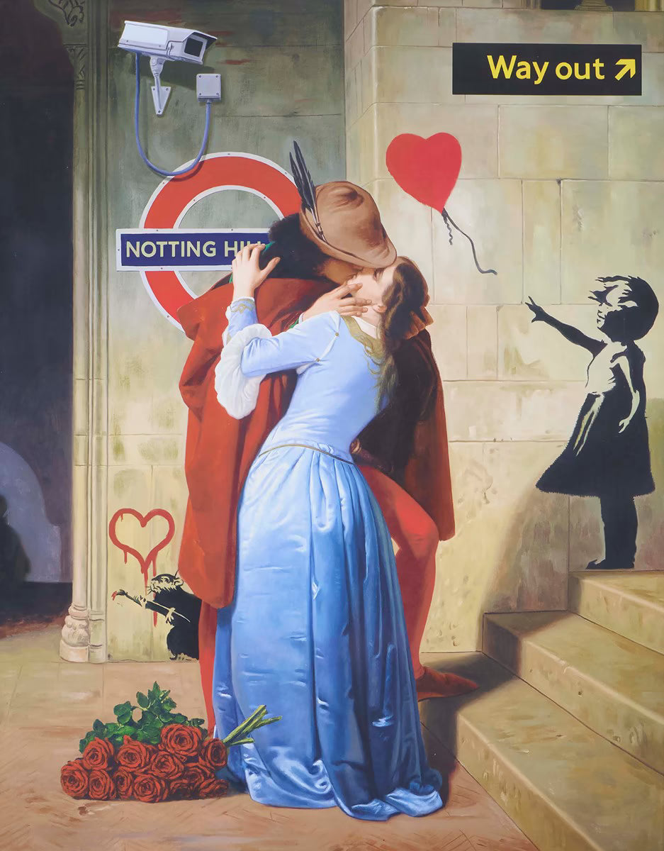 A Leo Manelli limited edition print of a renaissance style depiction of Robin Hood and Maid Marian kissing with modern art references behind them, the title is The Kiss