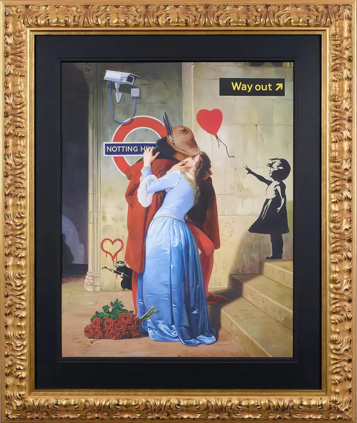 A Leo Manelli limited edition print of a renaissance style depiction of Robin Hood and Maid Marian kissing with modern art references behind them, the title is The Kiss