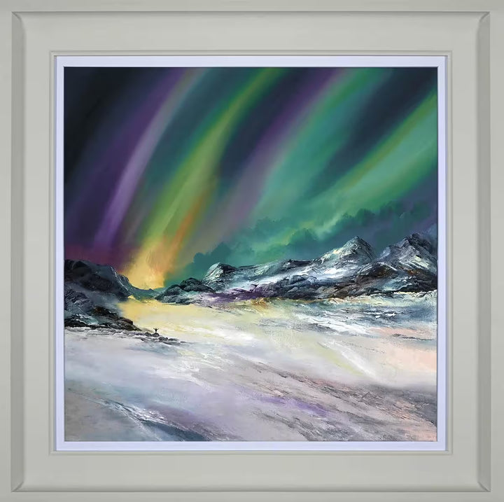 A Philip Gray framed limited edition of a mountain range with the northern lights glowing in the sky, the title is The Light Show