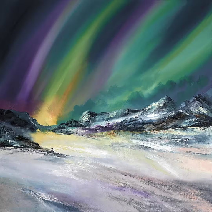 A Philip Gray limited edition of a mountain range with the northern lights glowing in the sky, the title is The Light Show