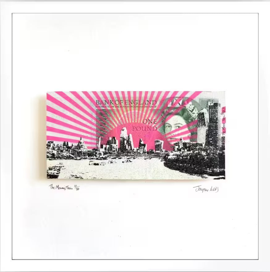 A Jayson Lilley limited edition screen print of a one pound note with a view of London screen printed over the top, the title is The Morning Train