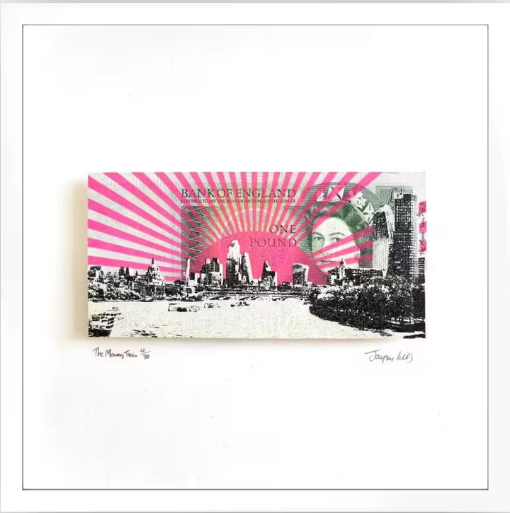 A Jayson Lilley limited edition screen print of a one pound note with a view of London screen printed over the top, the title is The Morning Train