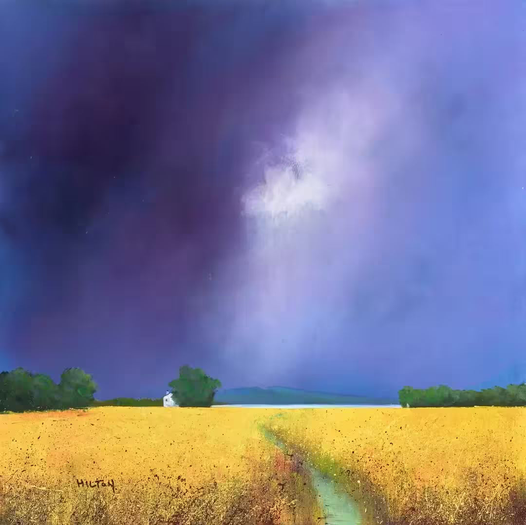 A Barry Hilton original of a yellow field and purple stormy sky, the title is The Offering