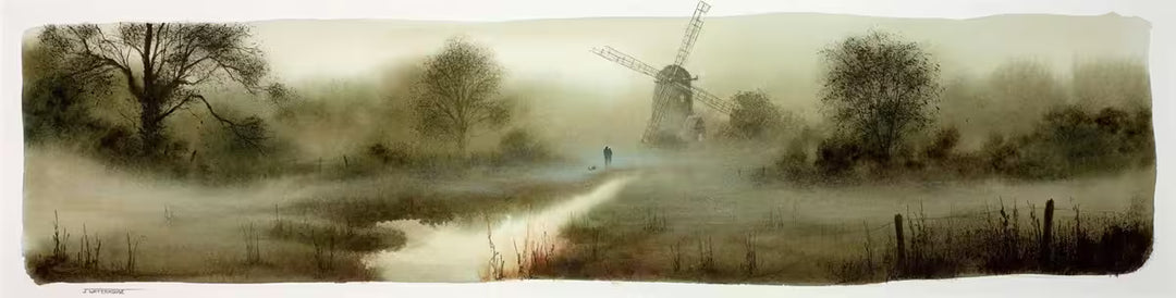 A John Waterhouse original study of a misty clearing with a river and a wind mill, the title is The Old Mill