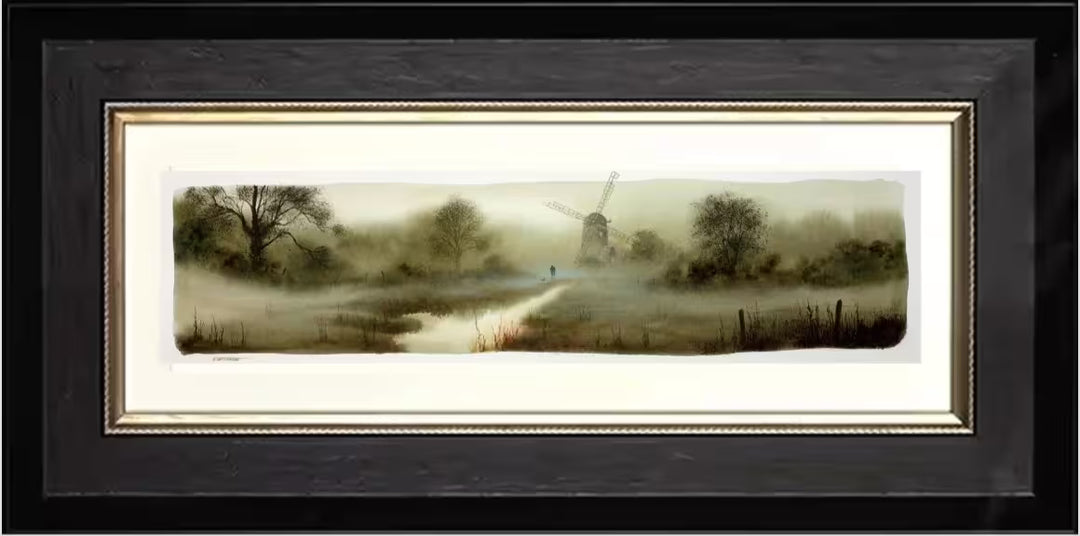 A John Waterhouse original study of a misty clearing with a river and a wind mill, the title is The Old Mill