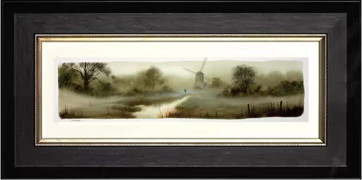 A John Waterhouse original study of a misty clearing with a river and a wind mill, the title is The Old Mill