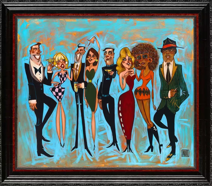A Todd White framed limited edition of a group of well dressed people drinking and smoking, the title is The Outsiders