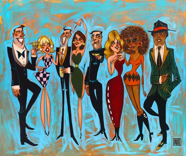 A Todd White limited edition of a group of well dressed people drinking and smoking, the title is The Outsiders