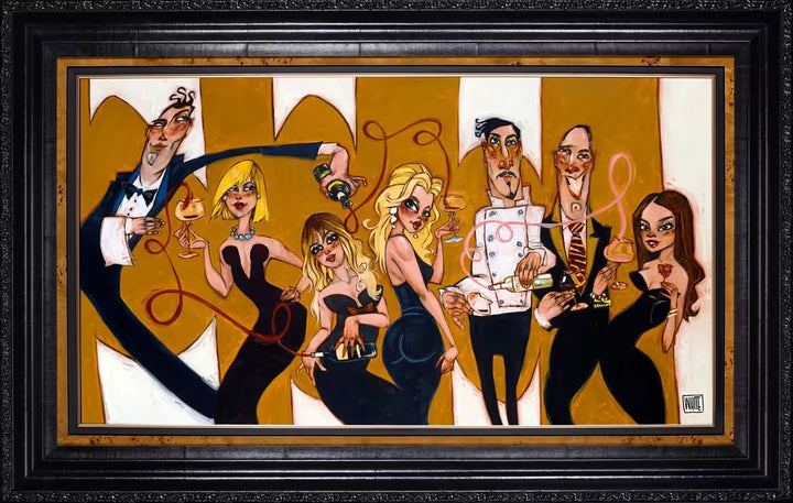 A Todd White framed limited edition of a group of men and women pouring wine that is coming out in swirls, the title is The Screwoffs 