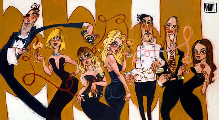 A Todd White limited edition of a group of men and women pouring wine that is coming out in swirls, the title is The Screwoffs 