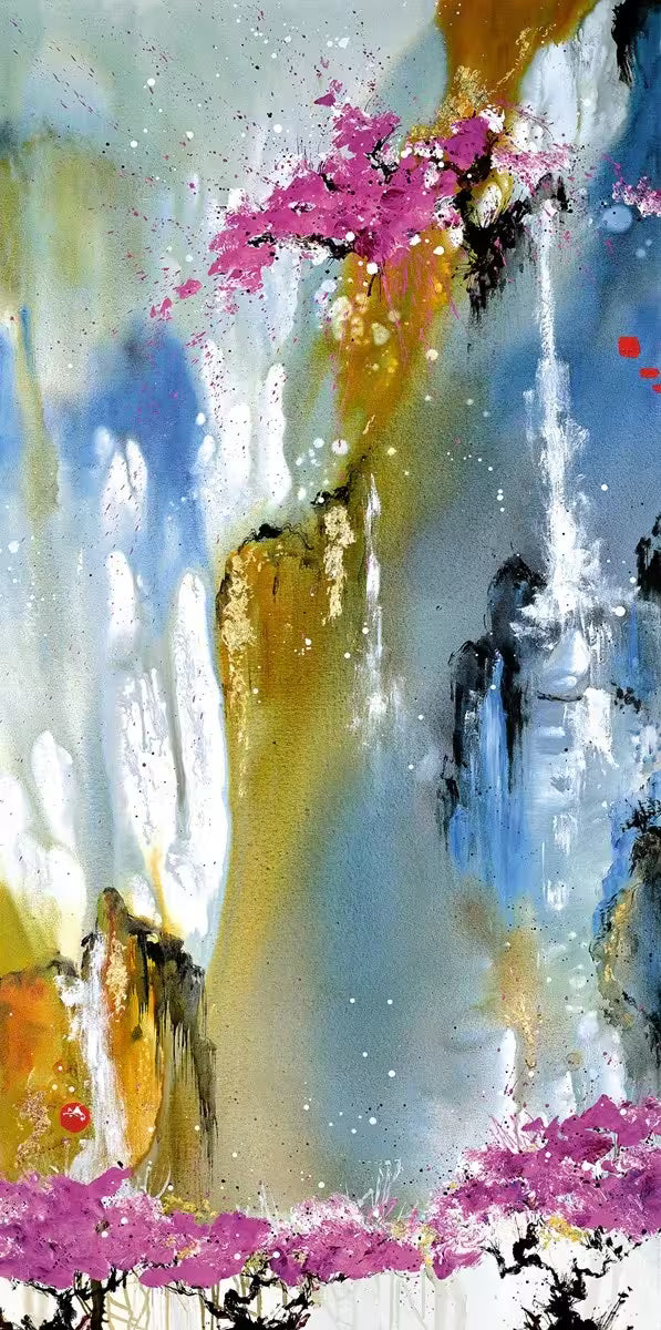 A Danielle O'Connor Akiyama limited edition of a abstract scene with trees and colours drifting, the title is The Silent Way I