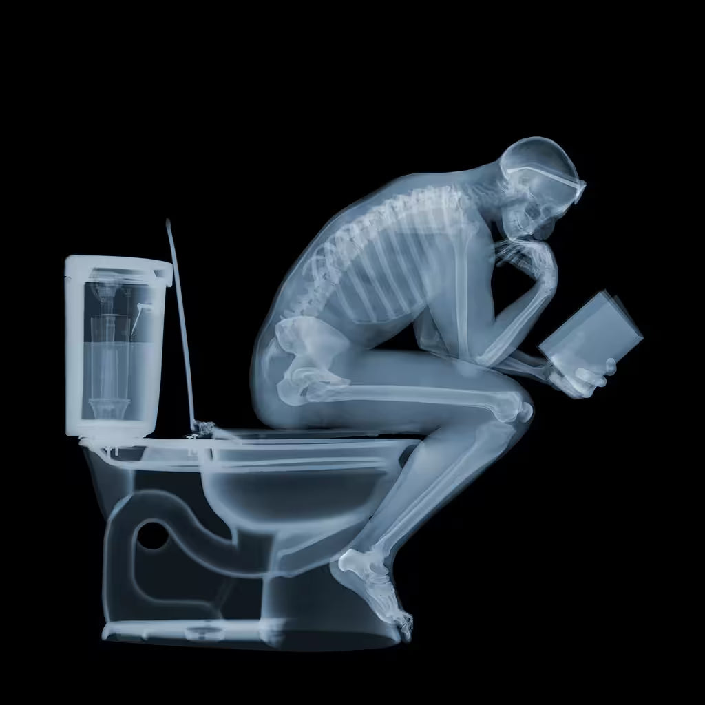 A limited edition Chromaluxe print by Nick Veasey of an X-Rayed a skeleton sat on the toilet in the pose of The Thinker whilst reading a book, the title is The Thinker
