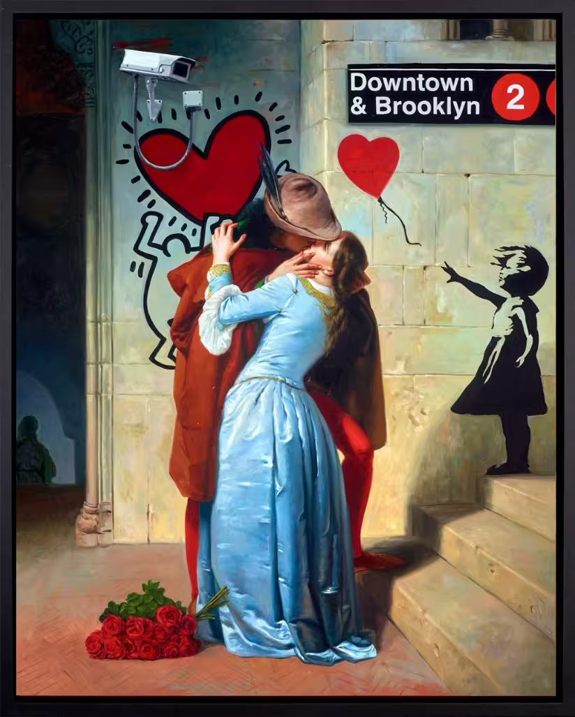 Artistic depiction of a couple embracing with street art elements in the background, The Urban Kiss by Leo Manelli