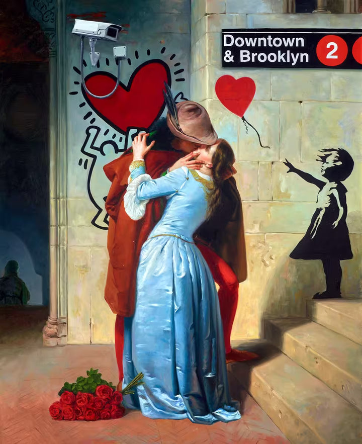 Couple embracing with street art and a subway sign in the background, The Urban Kiss by Leo Manelli