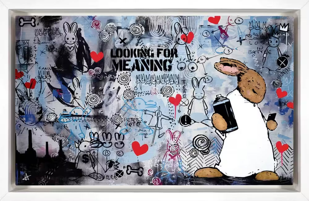 A Harry Bunce limited edition of a bunny holding a spray can in front of a graffitied wall, the title is The Word on the Street