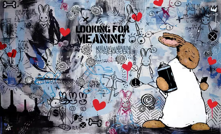 A Harry Bunce limited edition of a bunny holding a spray can in front of a graffitied wall, the title is The Word on the Street