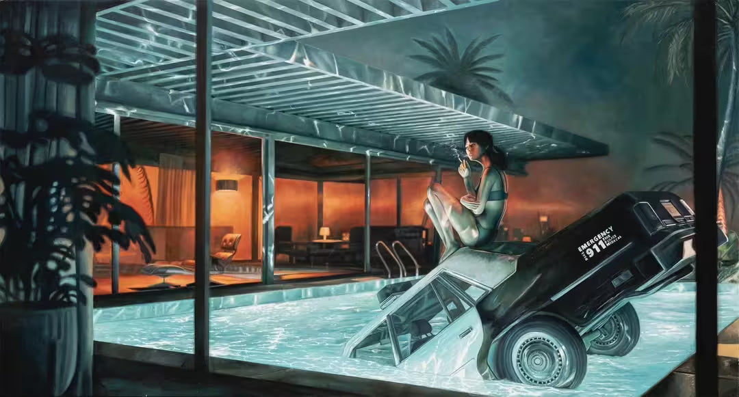 A James Rawson original oil painting of a girl sat on a police car in a swimming pool, the title is The Chase