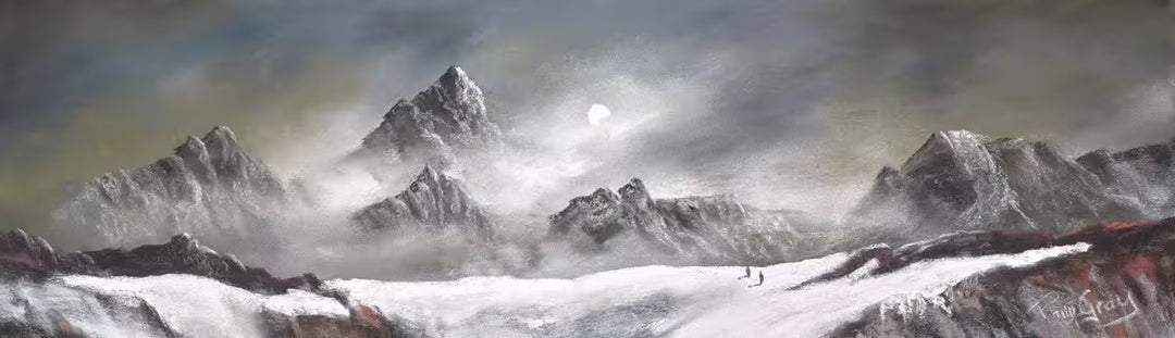 A Philip Gray orignal of a grey mountain with two people walking, the title is The Long Climb IV