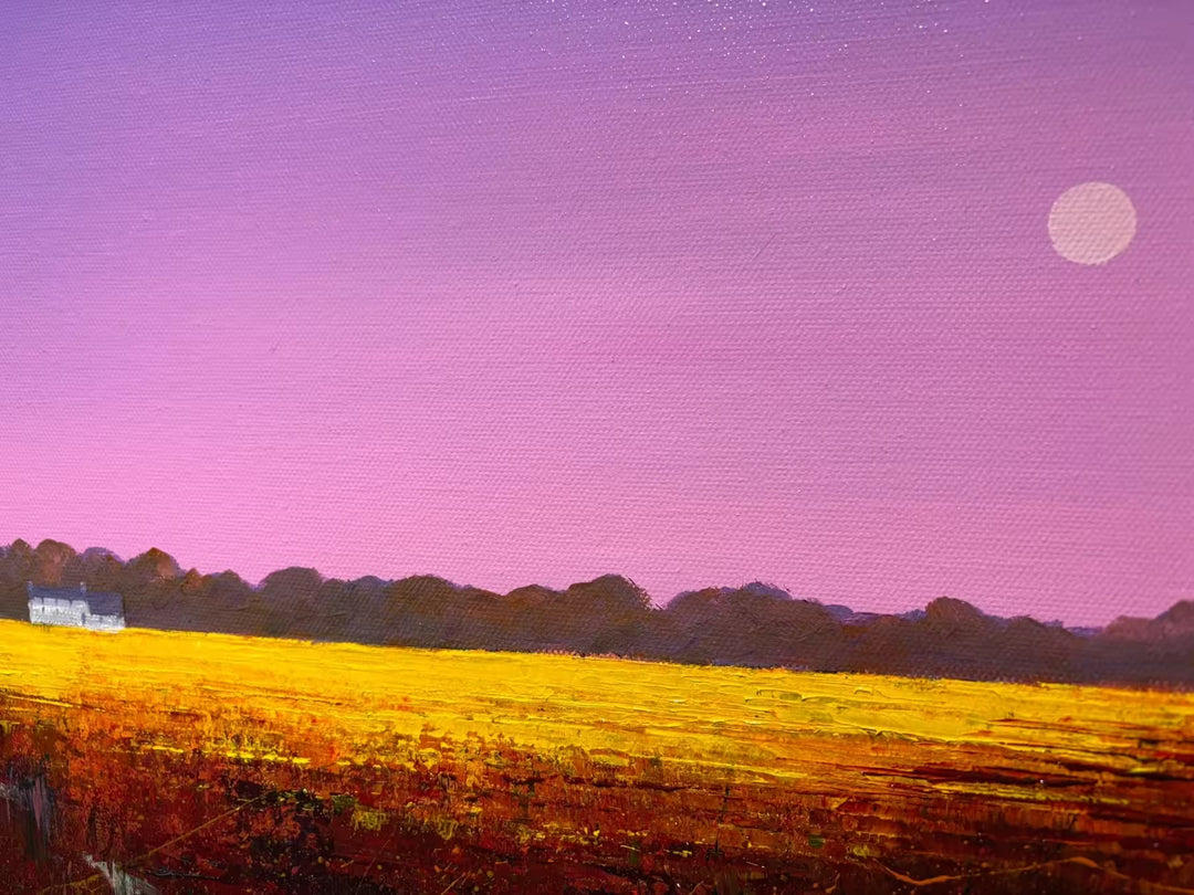 A Barry Hilton original of a yellow field with a pink calm sky, the title is The Luminescence